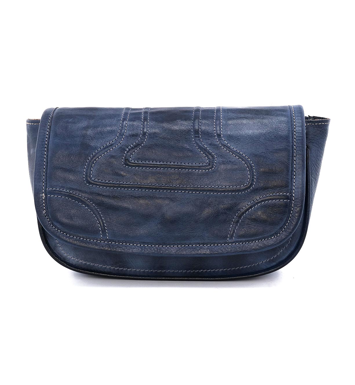 A Travers by Bed Stu blue leather bag with a zipper.