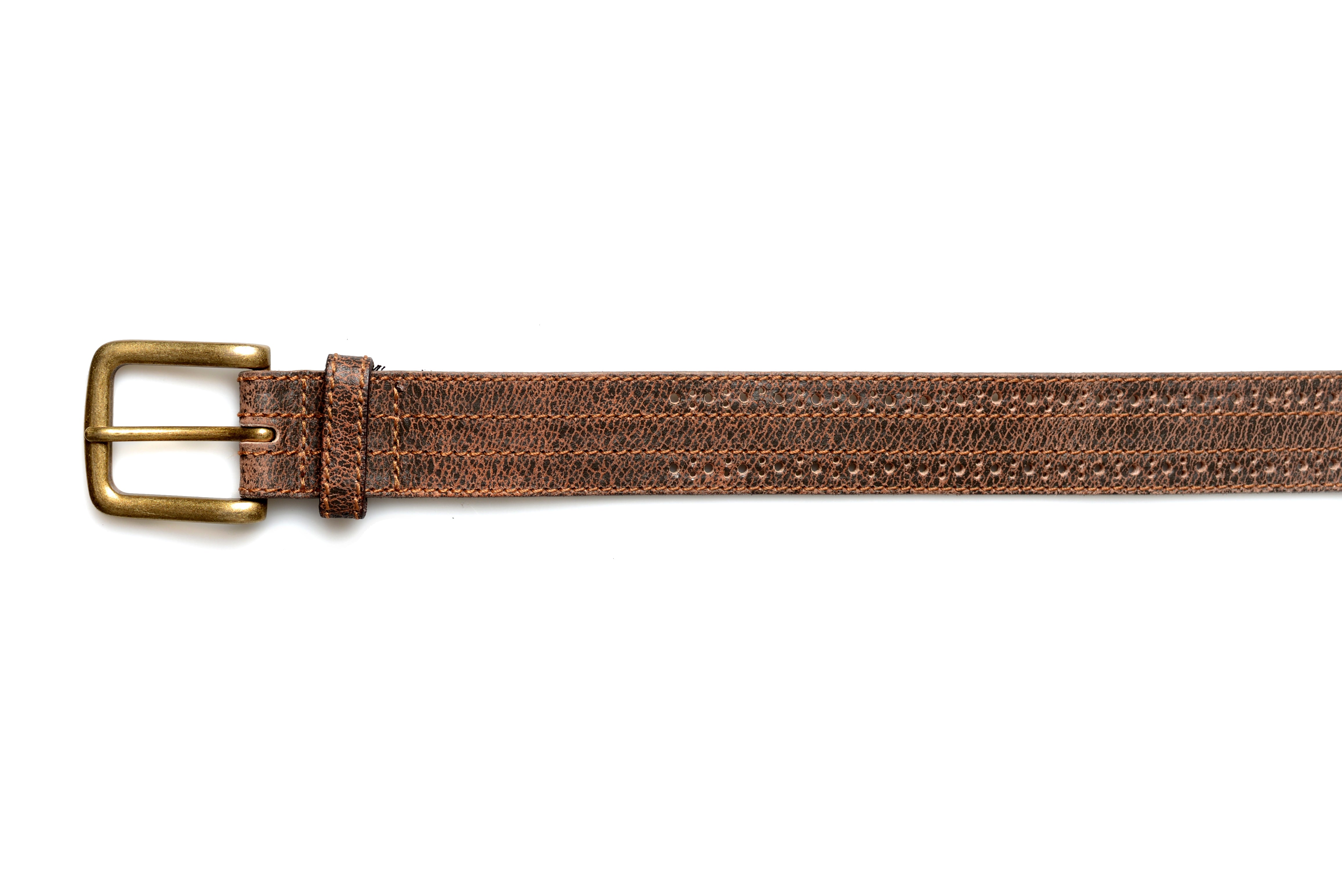A Addison brown leather belt with silver grommets on a white background by Bed Stu.