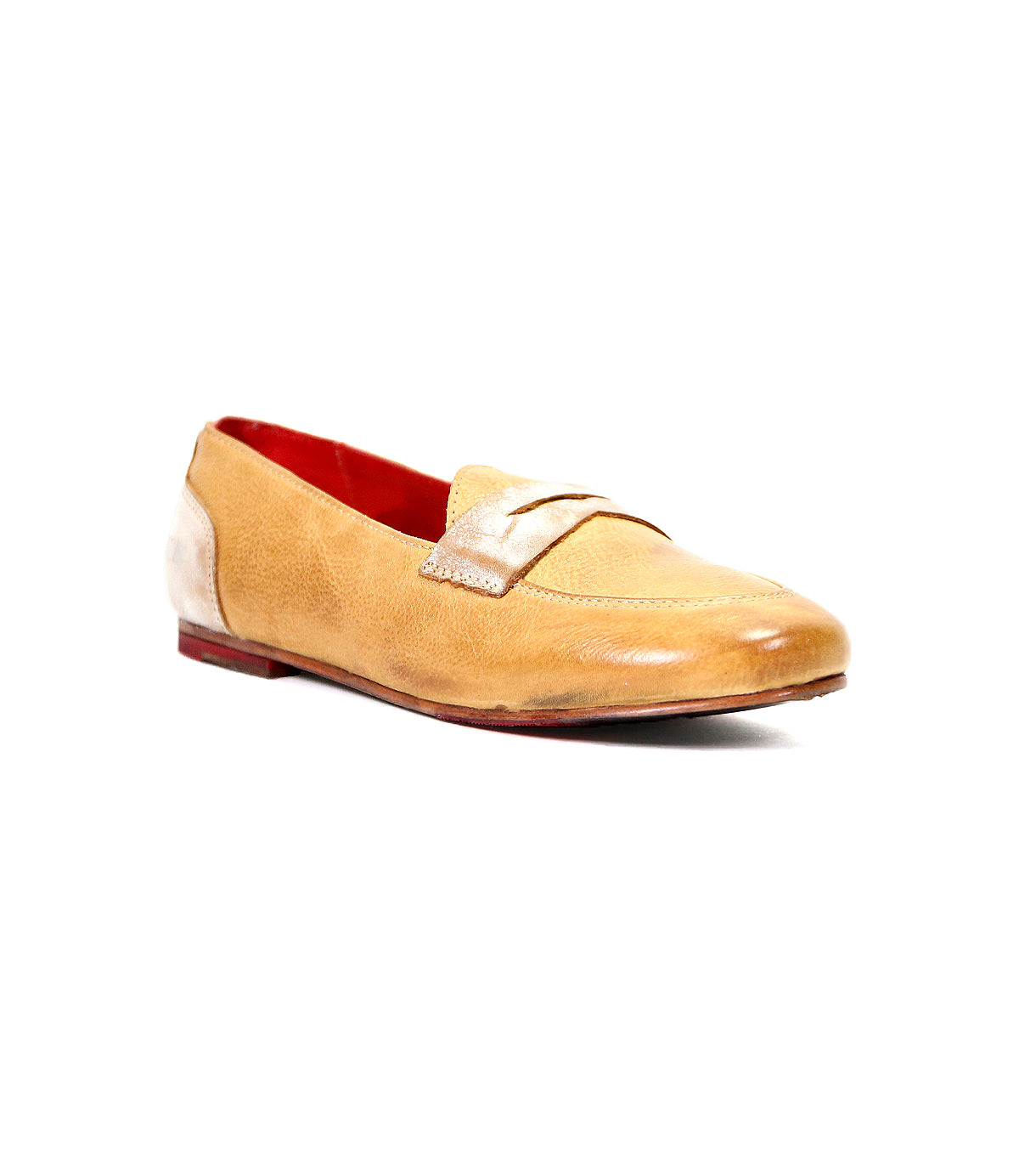 Beige two-tone leather Bed Stu ballet with a strap across the top and red interior, isolated on a white background.