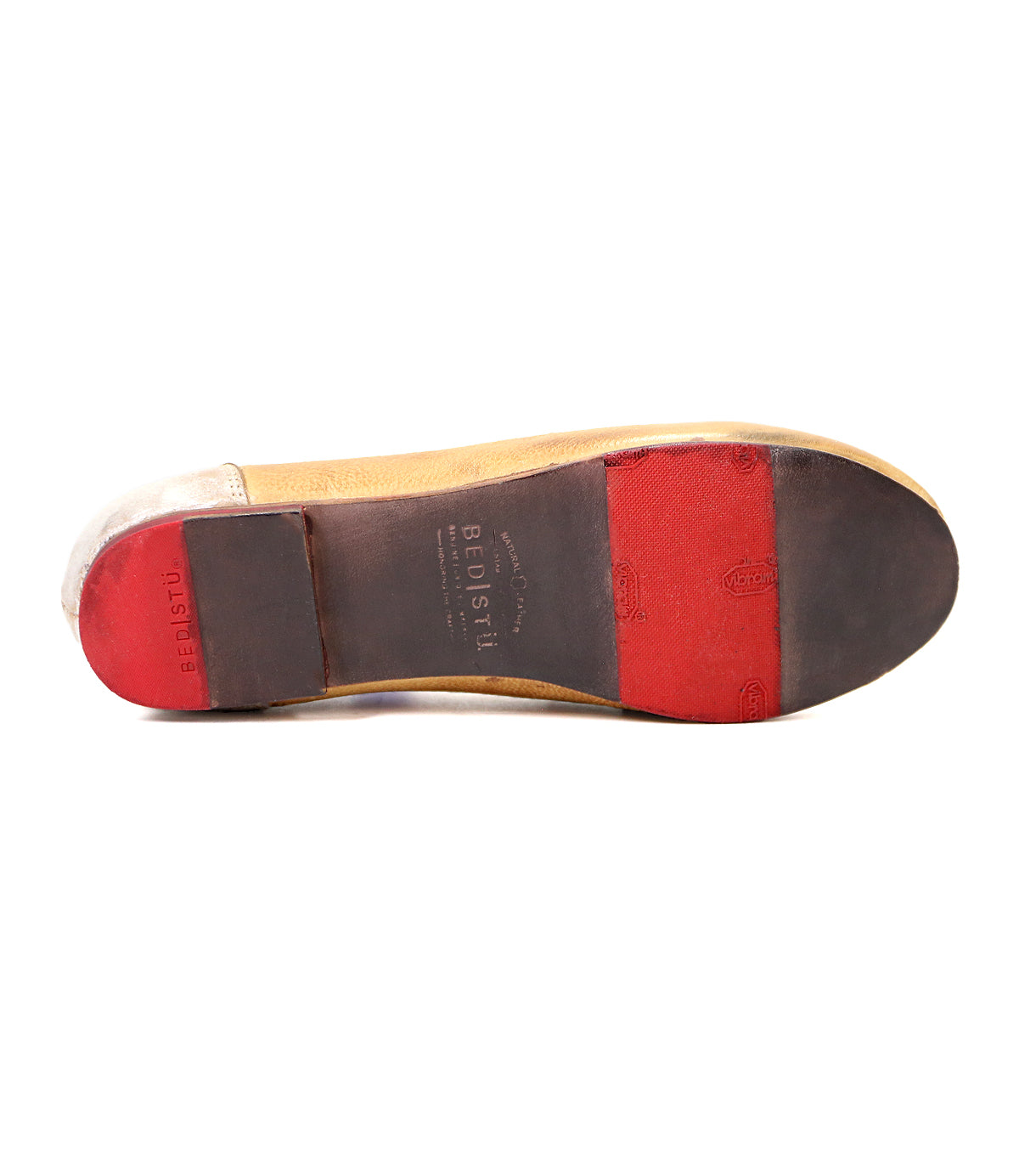 Sole of a Bed Stu red and black two-tone leather ballet shoe displaying visible brand markings and a size written in gold lettering, isolated on a white background.