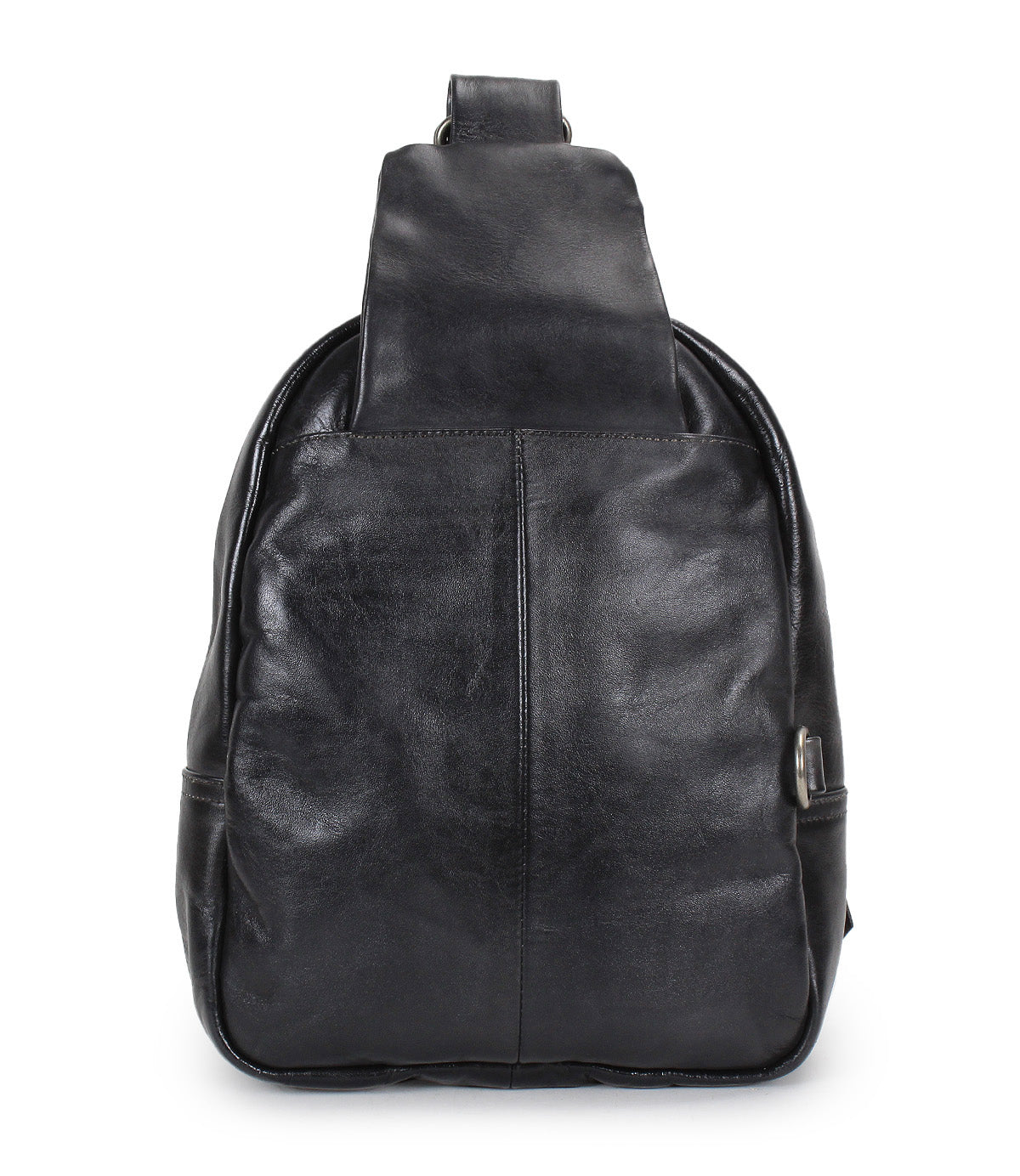 The Bed Stu Beau is a black leather sling backpack with a front pocket and single wide strap, shown upright against a white background.