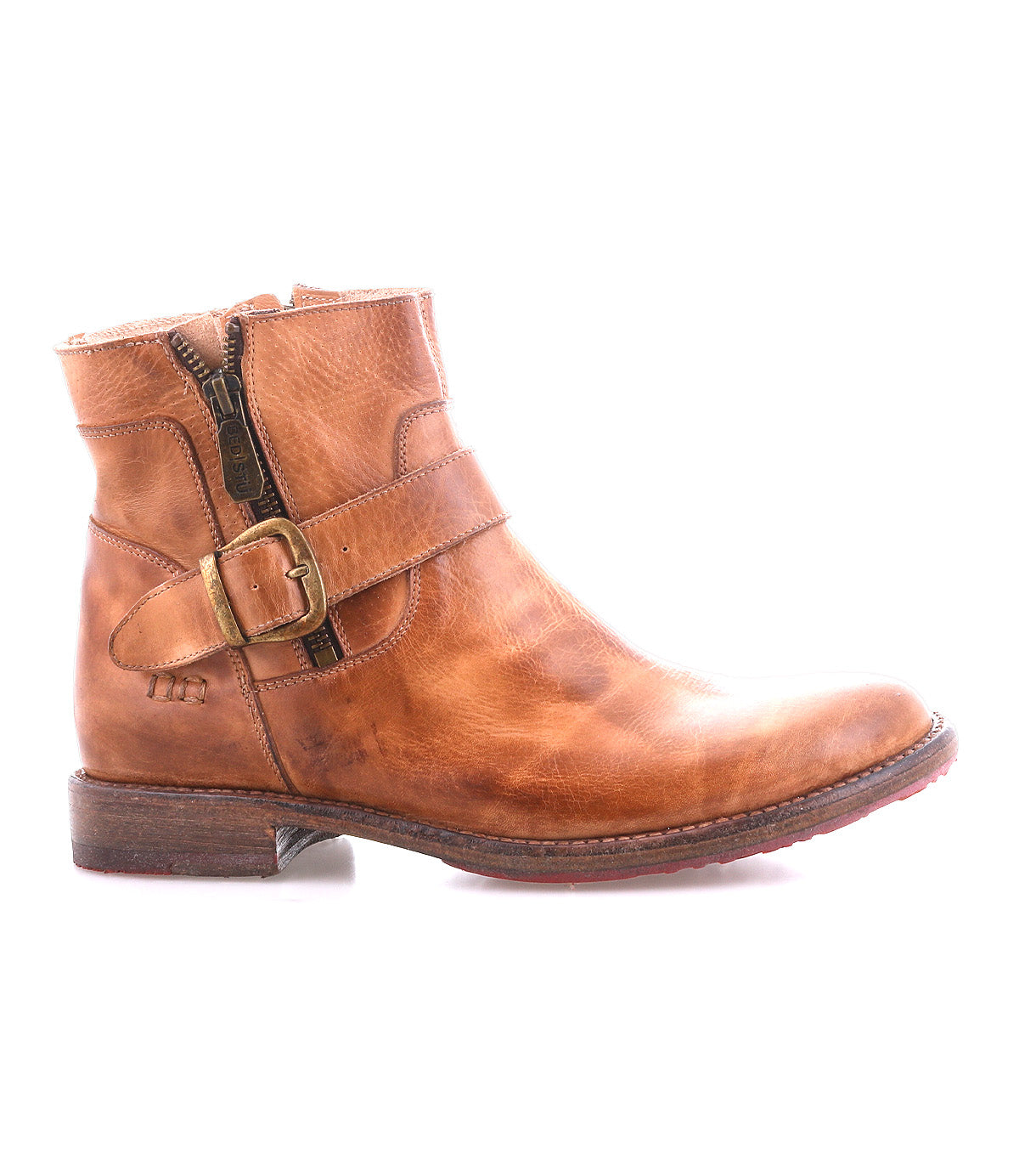 The Bed Stu Becca is a brown leather short engineer boot with an ankle buckle, side zipper, and buckle strap, shown solo against a white background.