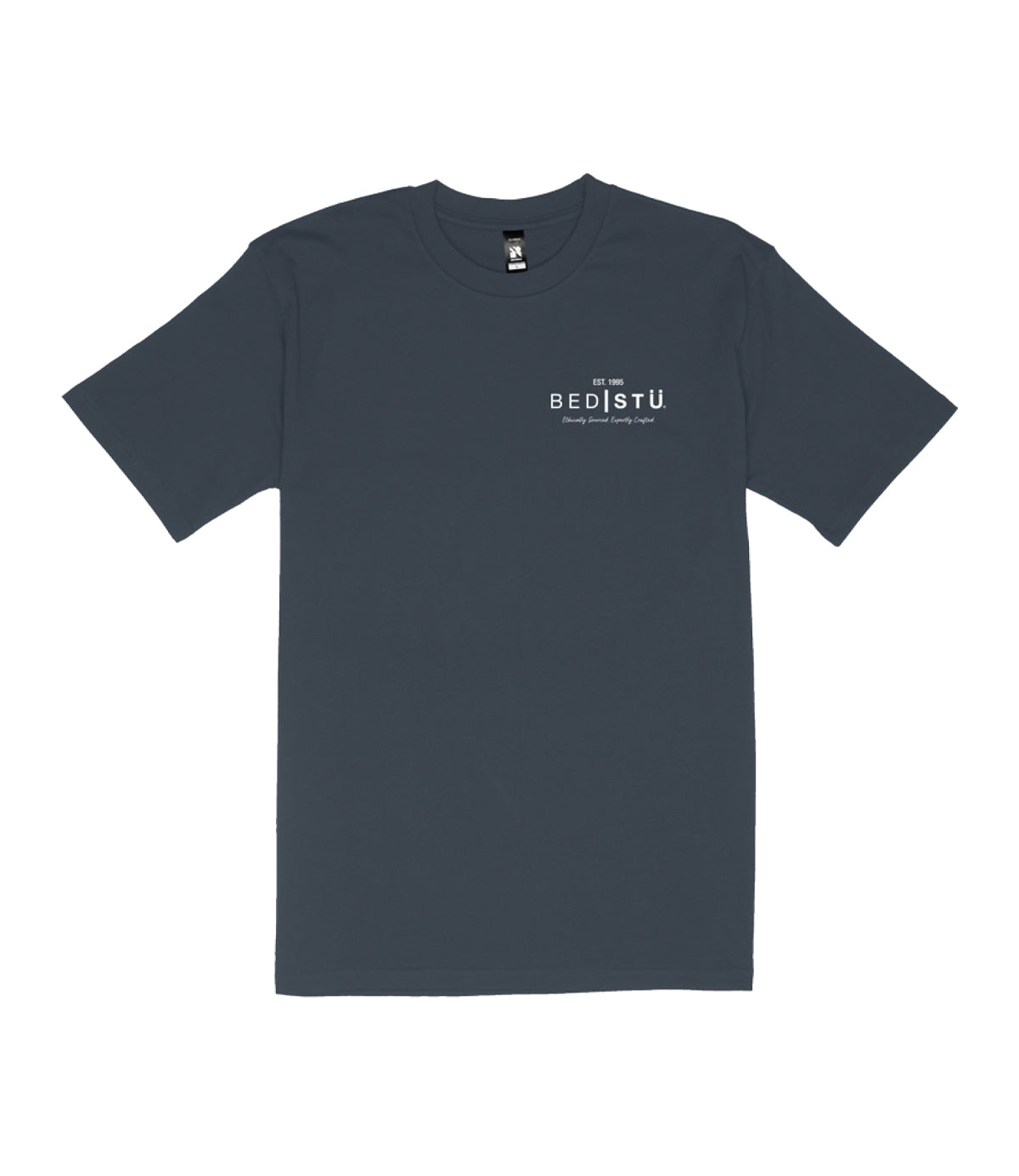 Plain dark gray Bed Stu Classic Tee with the logo on the chest, made from ethically sourced materials.