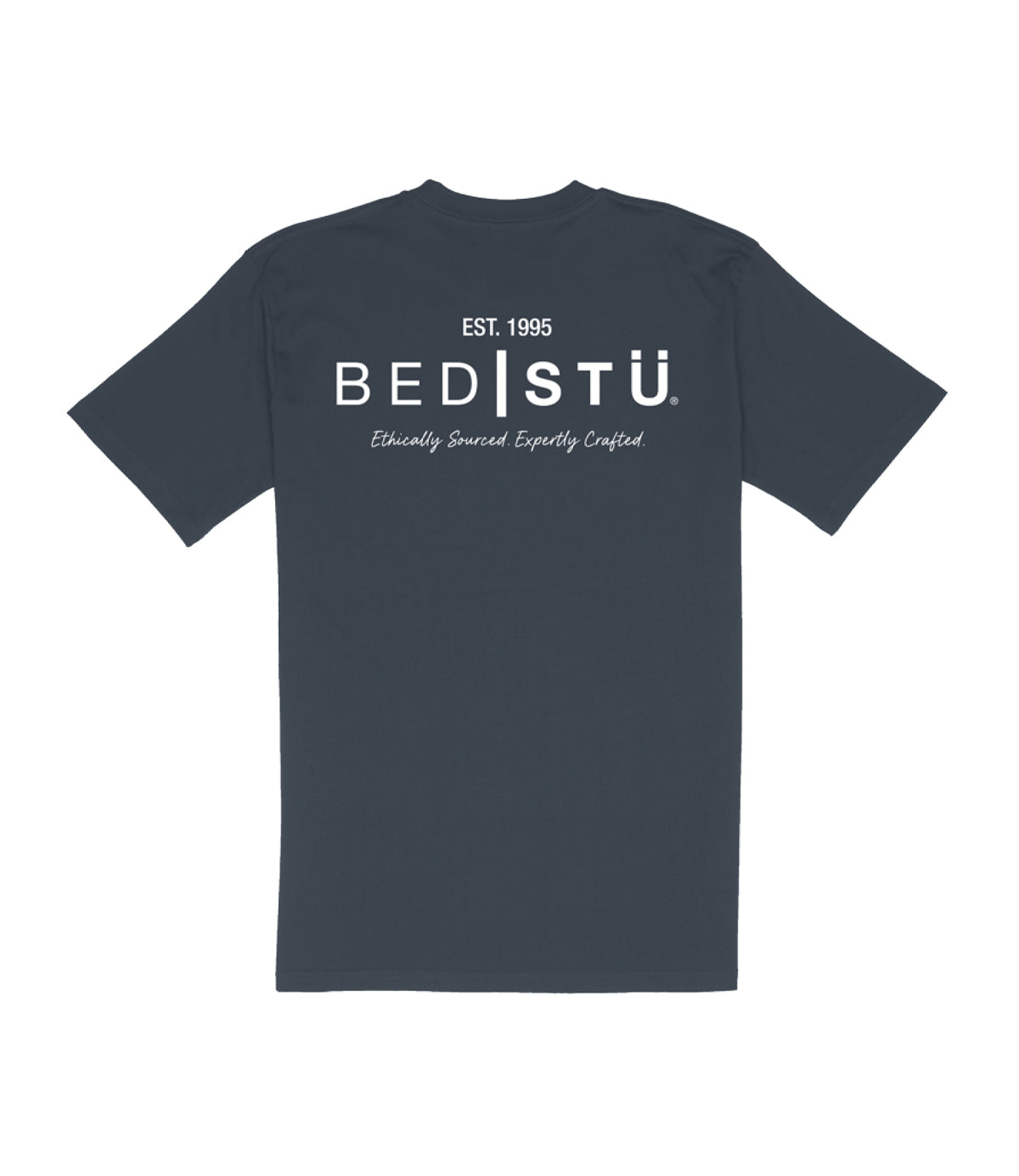 Plain dark Bed Stu Classic Tee shirt with "bedistu. est. 1995 sustainably and ethically sourced. expertly crafted." text printed on the back.