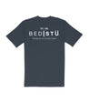 Plain dark Bed Stu Classic Tee shirt with "bedistu. est. 1995 sustainably and ethically sourced. expertly crafted." text printed on the back.