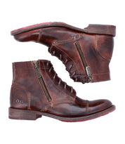 The Bed Stu Bonnie II boots are brown leather combat ankle boots with cap toe detailing, zippers, and visible stitching, shown from the side on a white background.