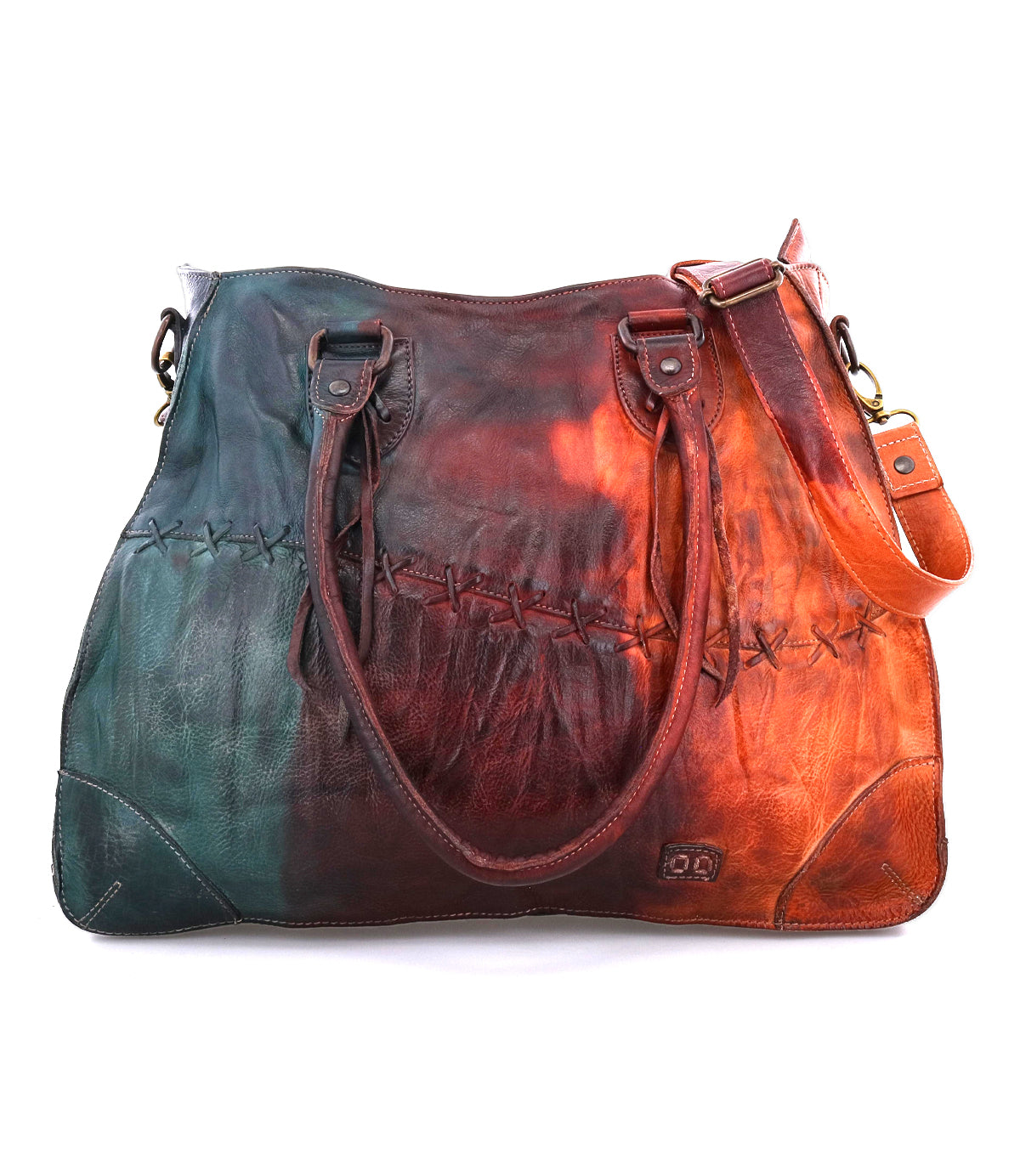 The Bruna by Bed Stu is a spacious leather crossbody bag featuring double handles, a shoulder strap, artisanal stitching, and a multicolored gradient in green, brown, and orange tones.