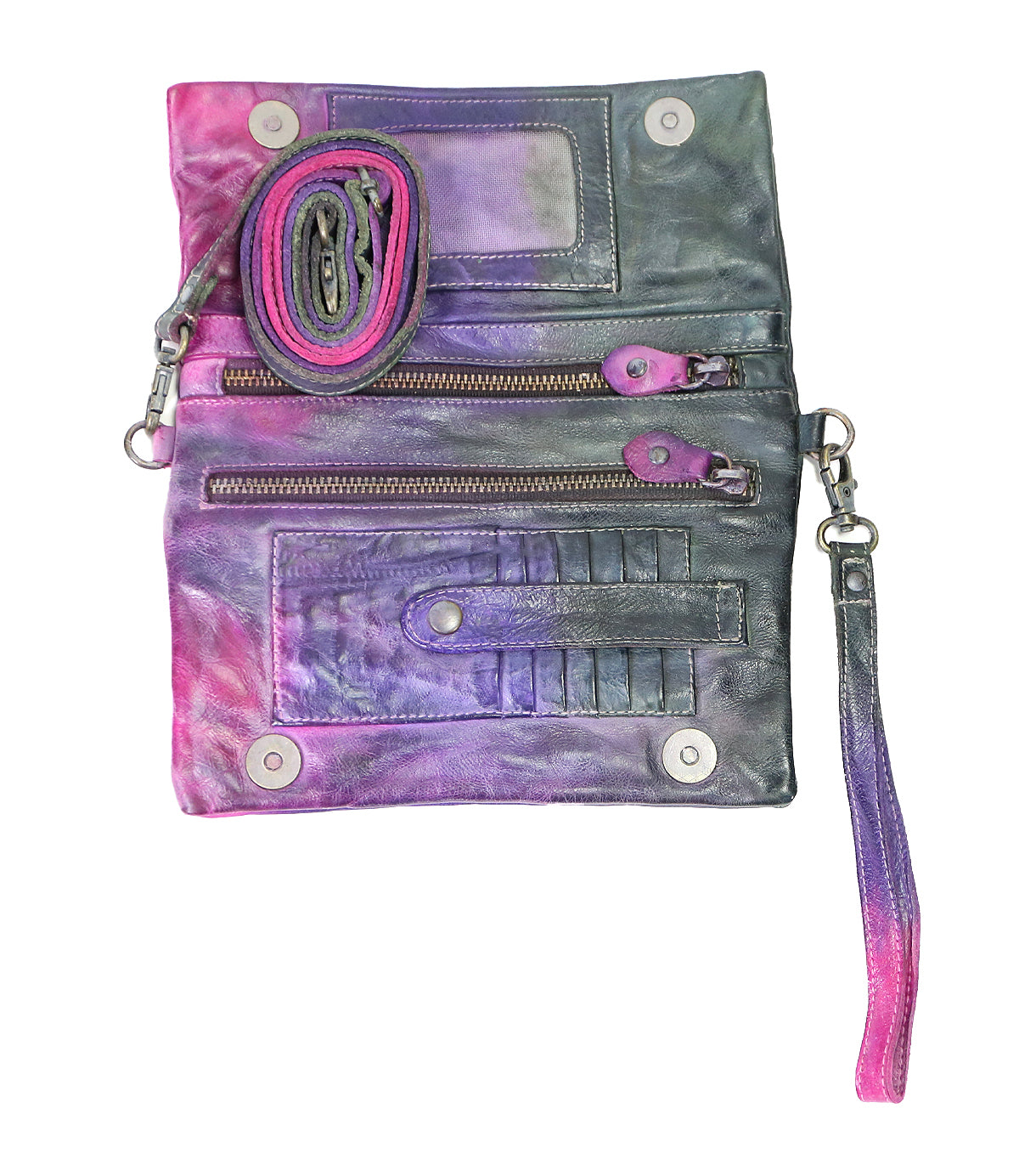 Cadence multicolored leather 3-in-1 wallet with various compartments and a wrist strap, featuring zippers and snap buttons by Bed Stu.