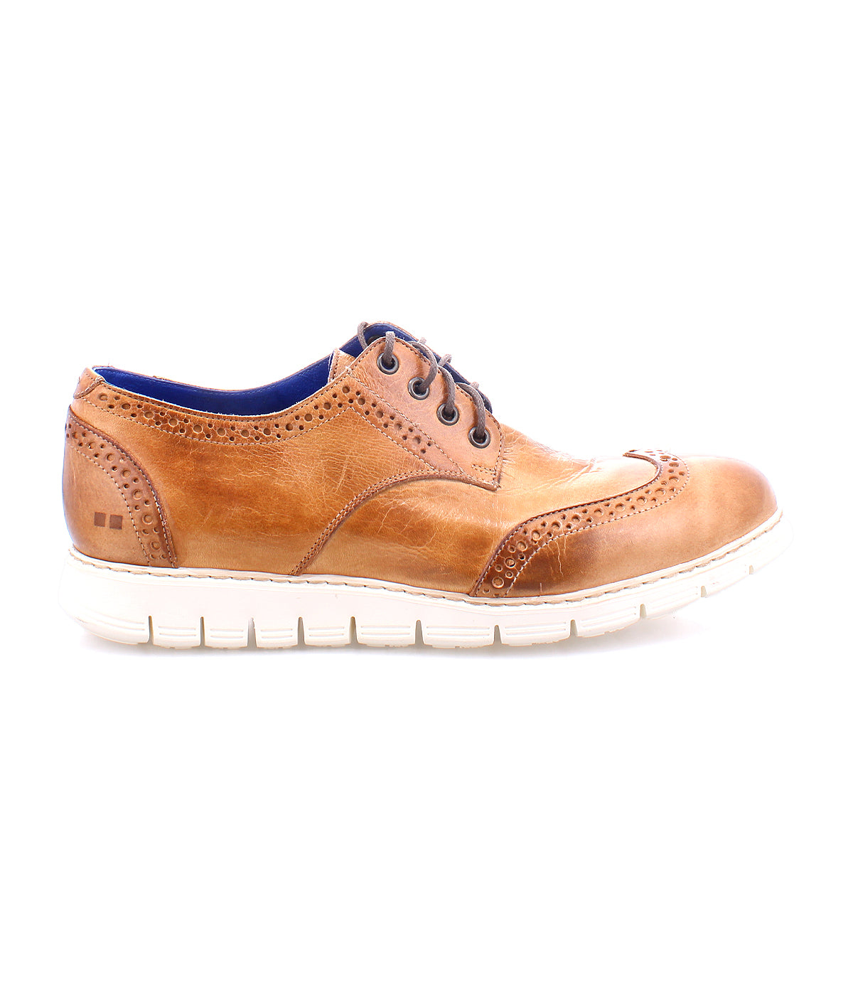 A lightweight leather Cayuga II wingtip derby shoe in brown with a white sole by Bed Stu.