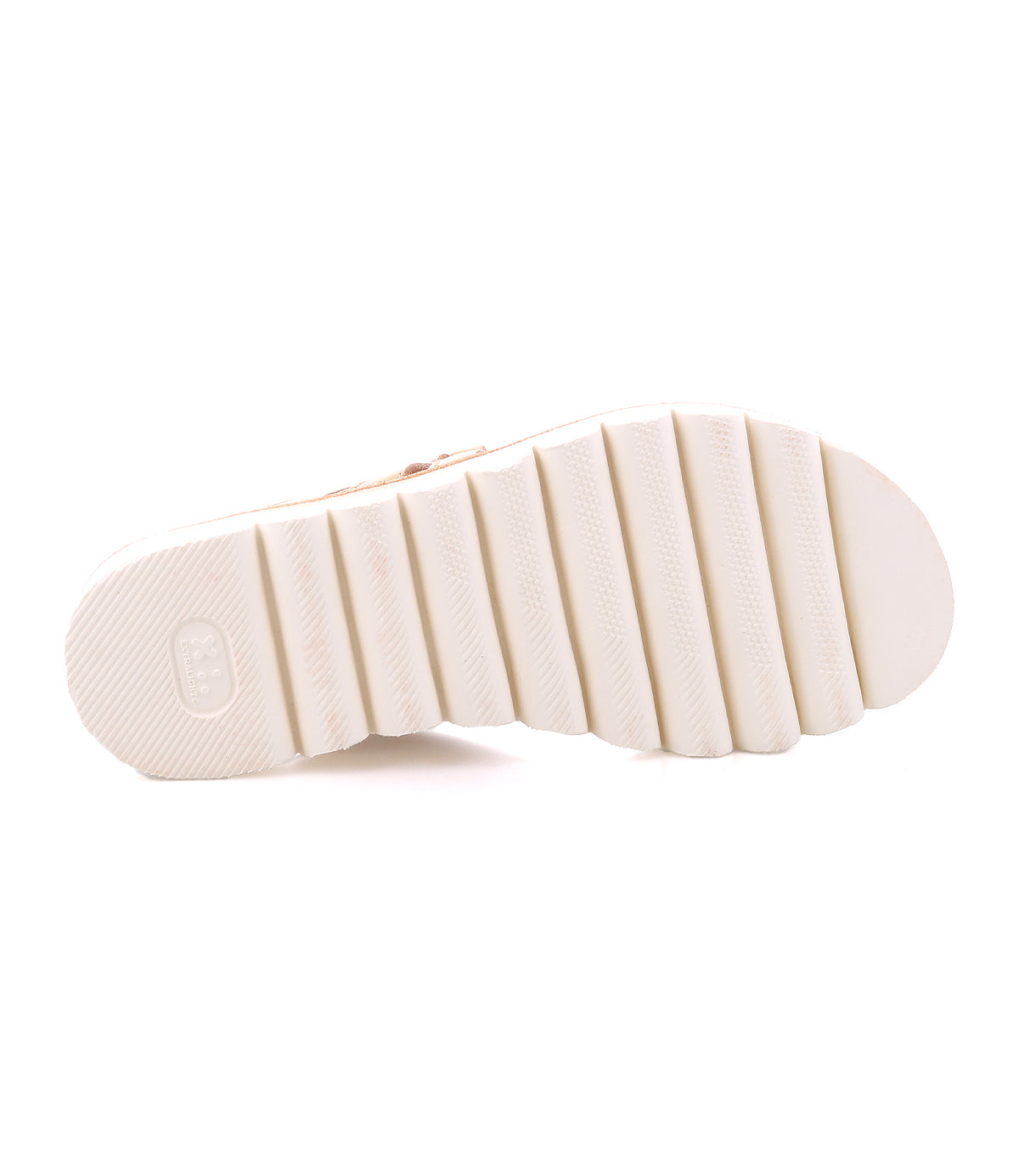 The image shows the bottom view of Chow by Bed Stu—a white, chunky rubber sole with textured grip and horizontal grooves, characteristic of this distressed leather sandal with a cushioned footbed.