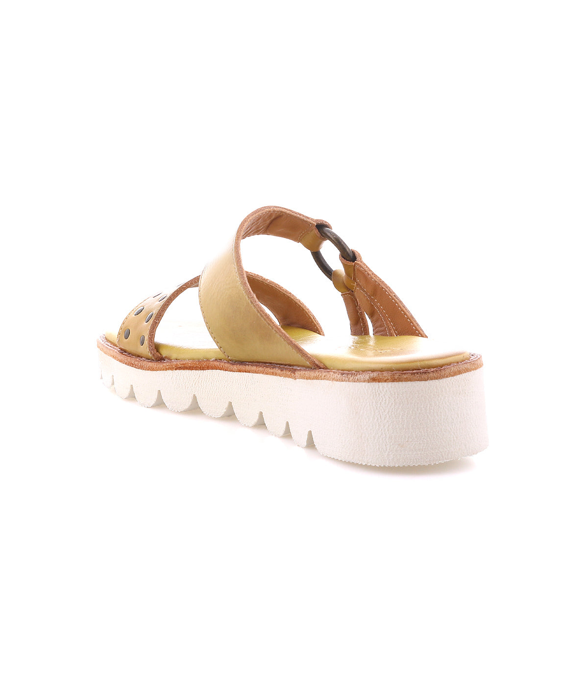The Bed Stu Chow sandal, shown from the back and side on a white background, features distressed leather, a cushioned footbed, gold accents, and a white platform sole.