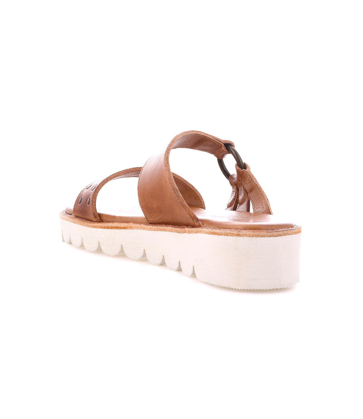 The Chow sandal by Bed Stu is a brown open-toe statement piece featuring a chunky rubber sole, viewed from the back angle.