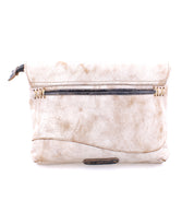 Versatile beige Cleo clutch bag with zipper top closure on a white background.