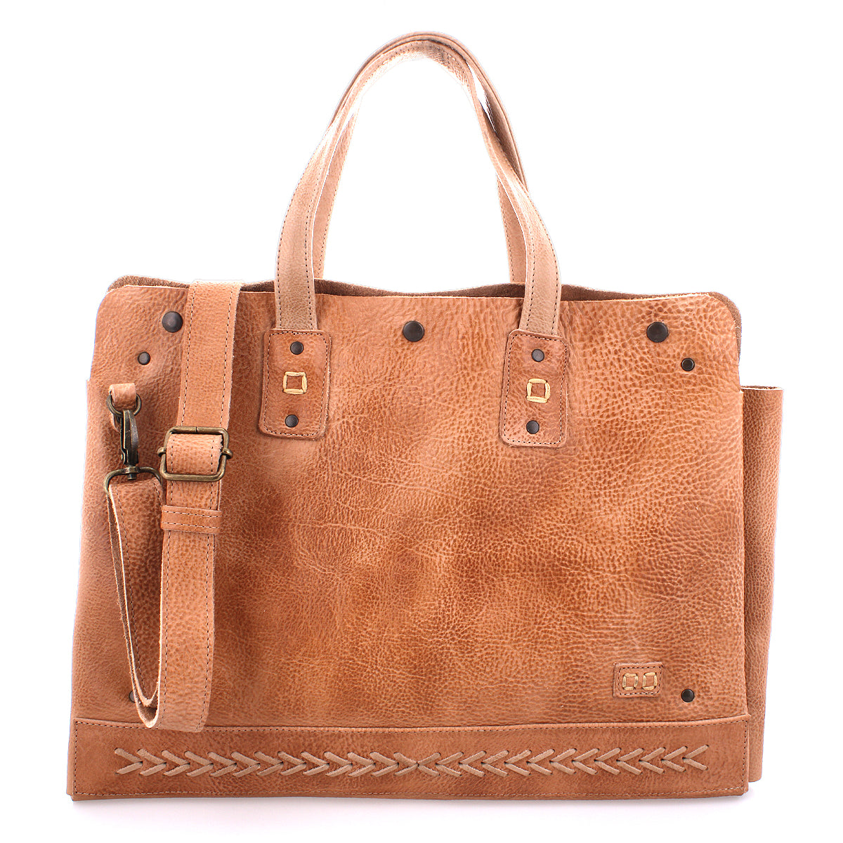 A multifunctional Bed Stu tan leather bag with an adjustable strap suitable for commuters and laptops up to 15 inches.