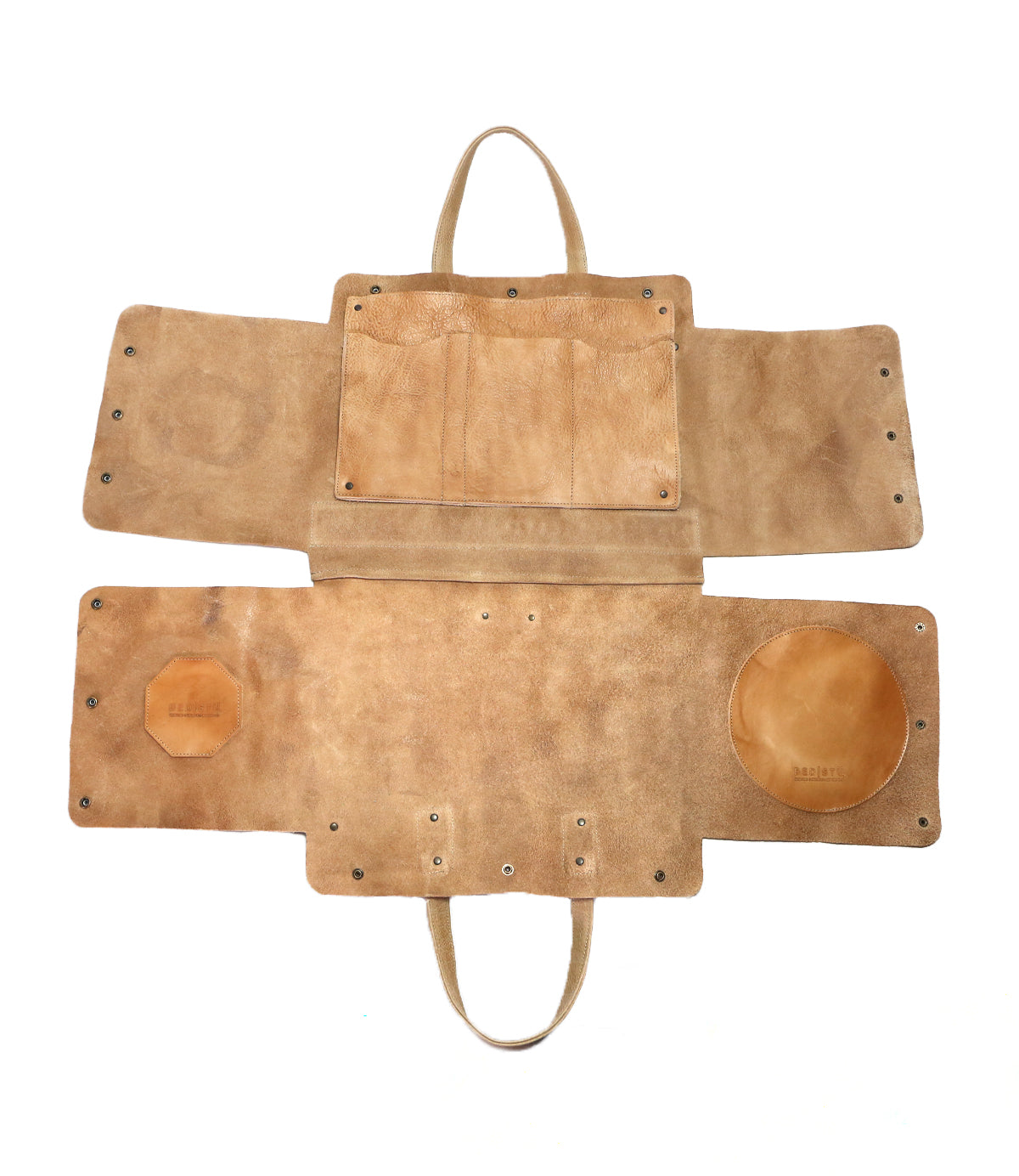 A multifunctional Bed Stu tan leather Commuter case with two compartments designed to hold laptops up to 15 inches.