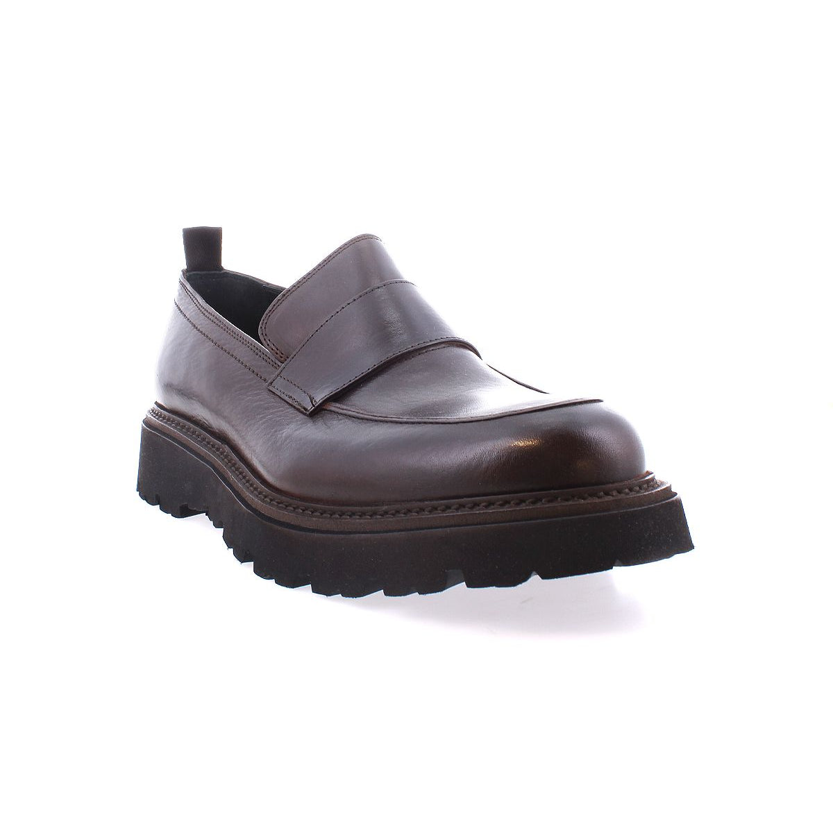 The Costruito penny loafer from Bed Stu, crafted in Italy, features brown leather and artisanal charm with a thick black sole. It is showcased from the front angle on a white background.