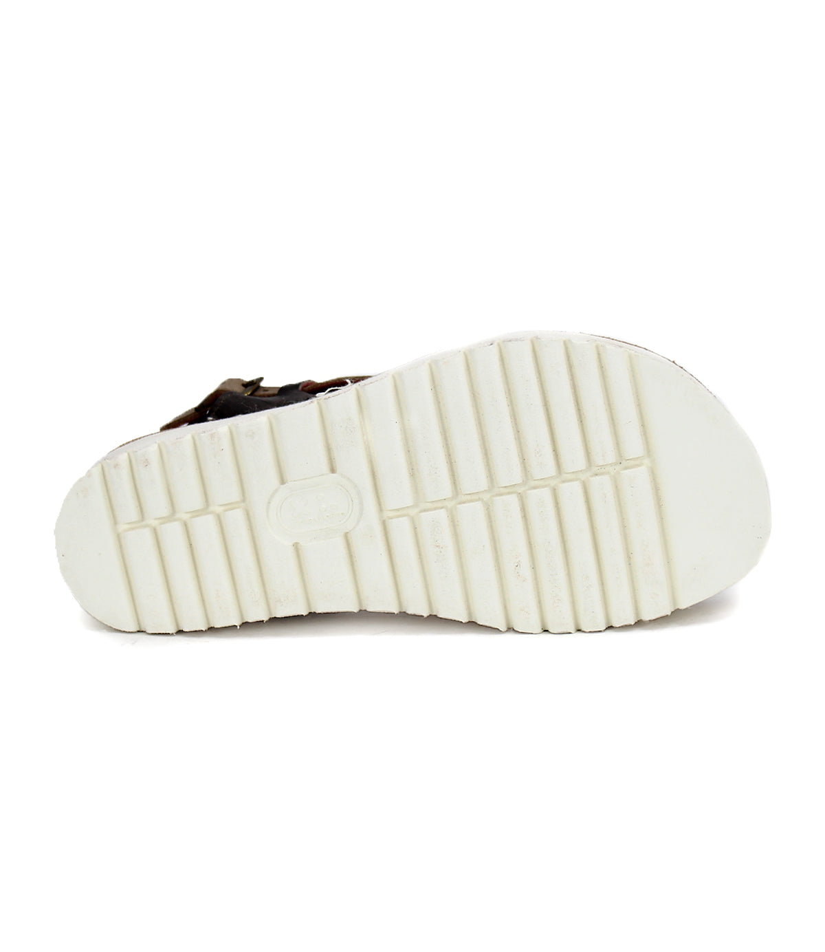 A pair of Bed Stu women's Crawler sandals with a white sole and multicolor strappy upper.