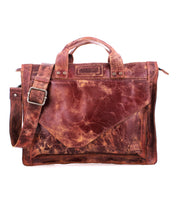 The Bed Stu Depp is a minimalist distressed brown leather messenger bag with a front flap pocket, top handles, and an adjustable shoulder strap—ideal as a work bag or stylish briefcase.