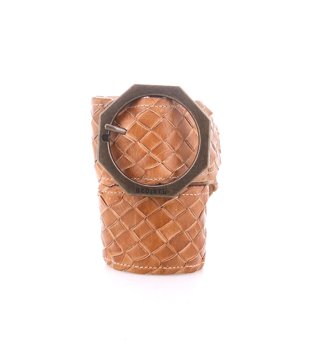 The Bed Stu Dreamweaver is a tan woven vintage boho belt featuring an angular metal buckle, shown upright against a white background.