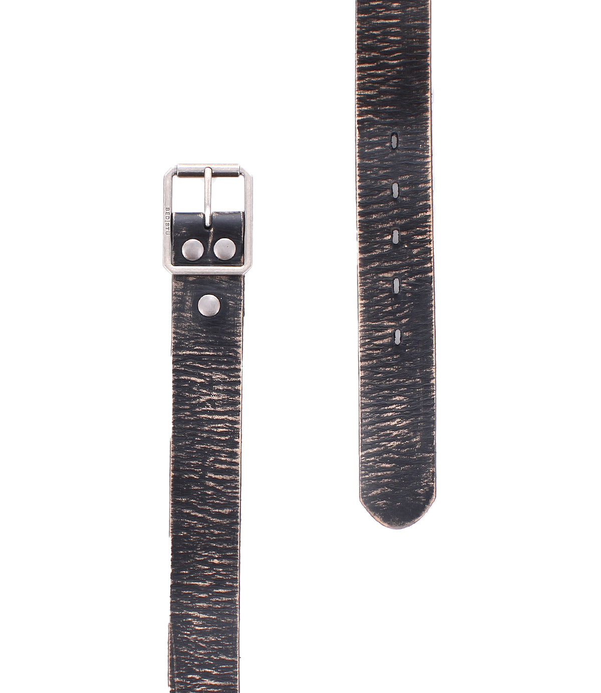 Close-up of two Drifter straps by Bed Stu, featuring textured black leather with dapper appeal—one with a silver buckle and the other with a tapered end and holes, perfect for weekend wear.