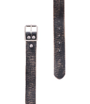 Close-up of two Drifter straps by Bed Stu, featuring textured black leather with dapper appeal—one with a silver buckle and the other with a tapered end and holes, perfect for weekend wear.