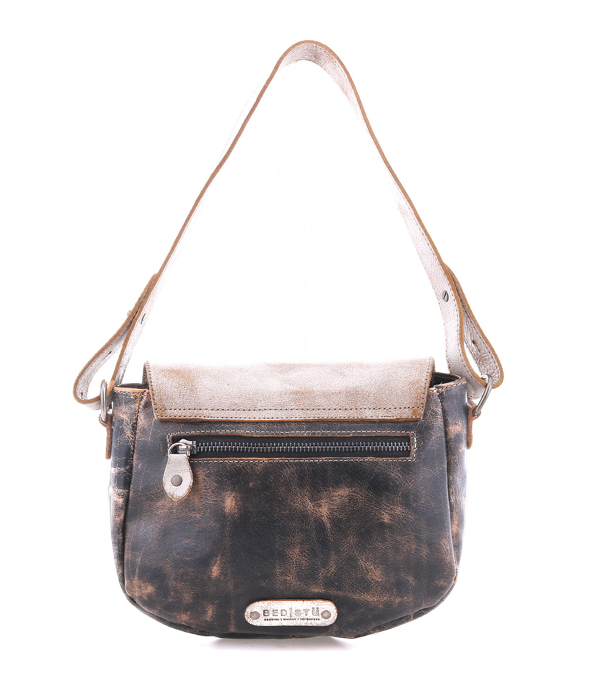 The Bed Stu "Elect" is a vintage-style brown leather shoulder bag with a front zipper pocket, flap closure, short strap, and metal "Bed Stu" label on the front.