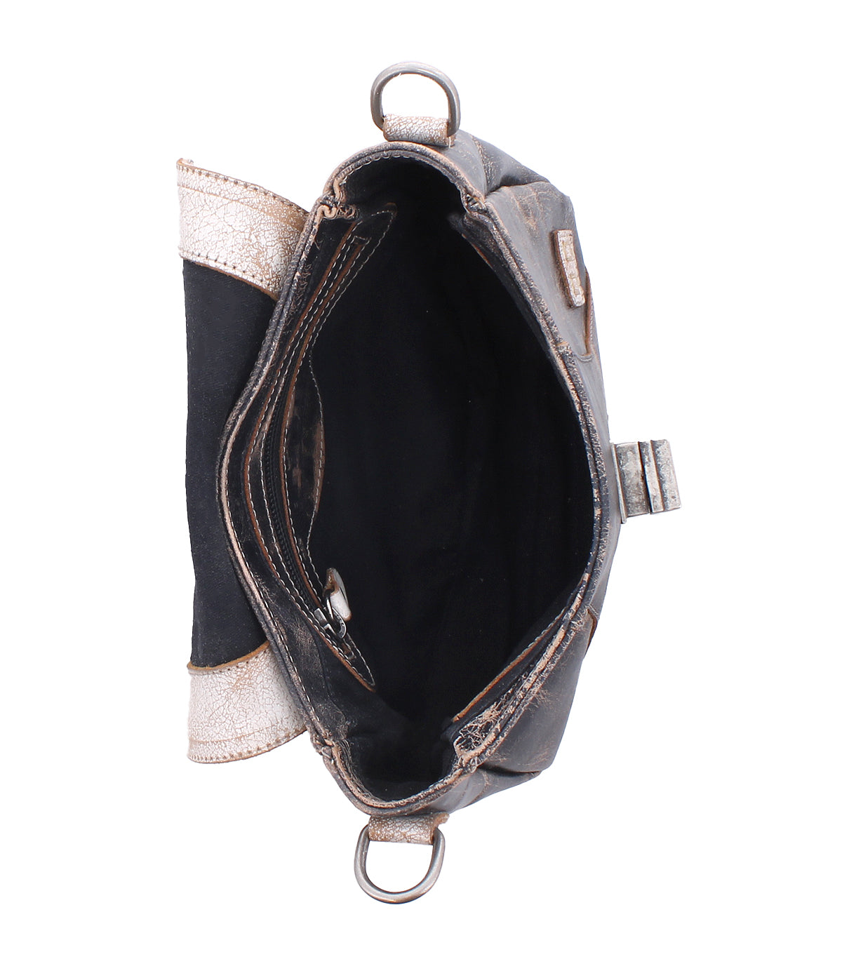 Top view of the Bed Stu Elect shoulder bag, featuring a brown finish, adjustable strap, zippered inner pocket, black fabric lining, and metallic side accents for added style and convenience.