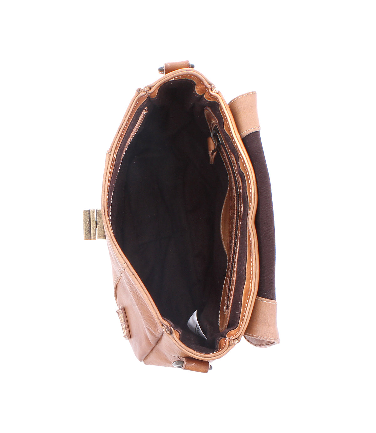 Top view of the Bed Stu Elect bag, a brown leather handbag showcasing a dark interior with a brass clasp and side handle. Its adjustable shoulder strap enhances functionality, while its vintage charm shines through.