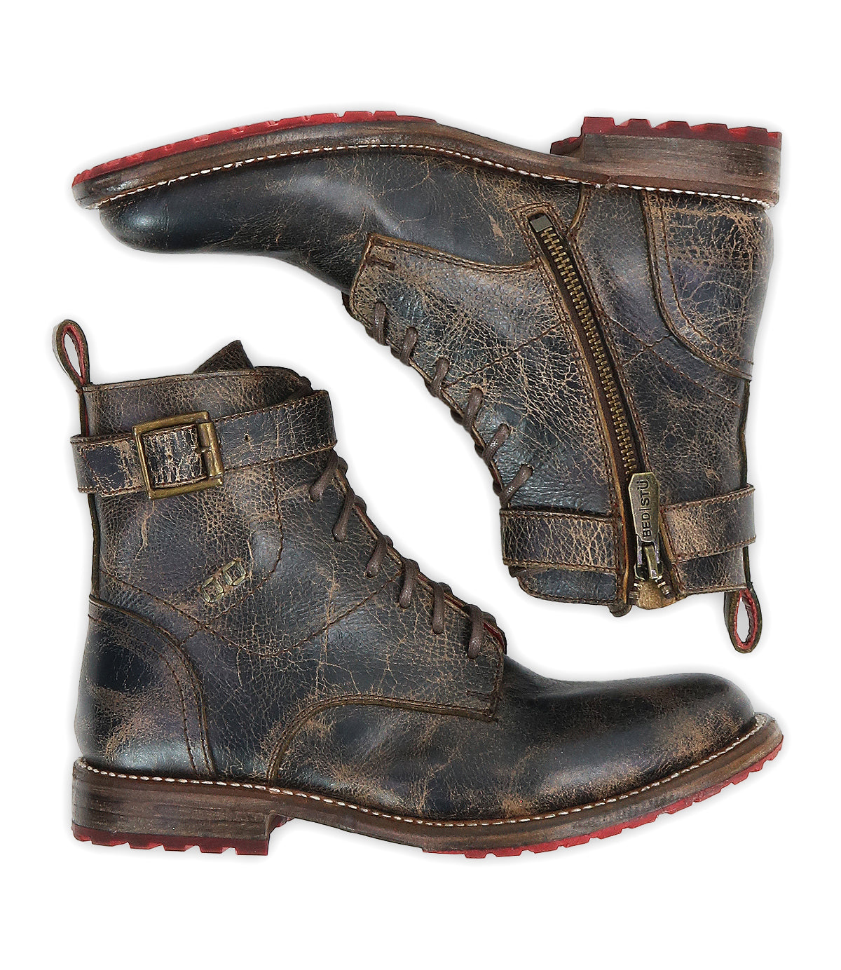 The Bed Stu Endure boots feature distressed brown leather, lace-up fronts, side zippers, ankle straps with buckles, a leather lining, and red rubber outsoles—ruggedly sophisticated ankle boots ideal for elevating any outfit.