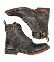 The Bed Stu Endure boots feature distressed brown leather, lace-up fronts, side zippers, ankle straps with buckles, a leather lining, and red rubber outsoles—ruggedly sophisticated ankle boots ideal for elevating any outfit.