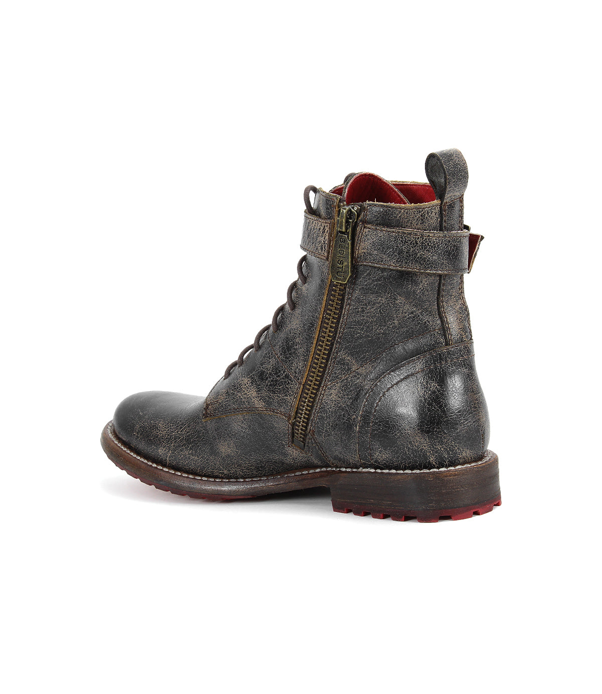 The Bed Stu Endure is a distressed lace-up ankle boot with a side zipper and ankle strap, featuring rugged sophistication in its chunky sole with red tread accents and premium leather lining.