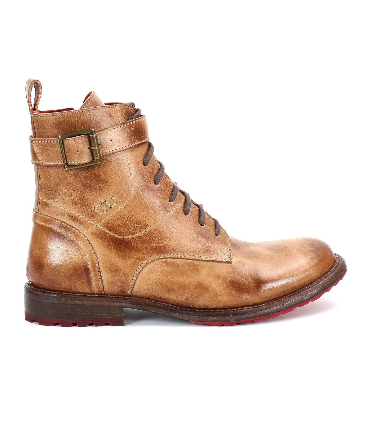 The Bed Stu Endure is a brown leather lace-up ankle boot featuring a side buckle, red sole accents, and detailed stitching, exuding rugged sophistication and shown in profile against a white background.