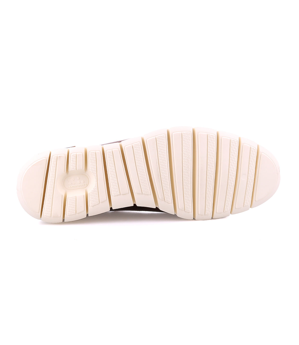 The image features the sole of a low-top leather sneaker from Bed Stu's Fairman collection. It has large, rectangular treads on a primarily white, 3-tone finish. "Geox" is marked in small lettering, highlighting its sleek and modern design.