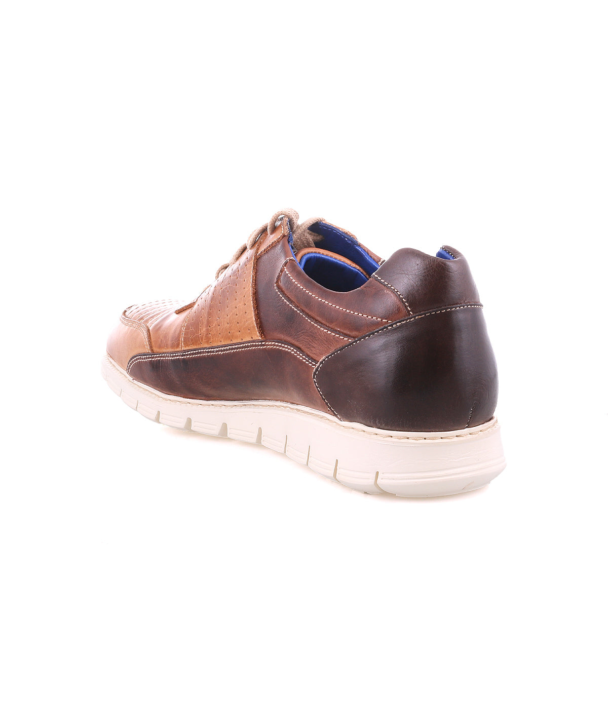 The Fairman by Bed Stu is a brown leather sneaker with a 3-tone finish, white sole, and lace-up front, shown from the back on a white background.