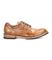 The Bed Stu Fierce is a brown leather men's derby shoe with a modern touch, featuring laces, a low heel, and black sole—shown in side profile against a white background.