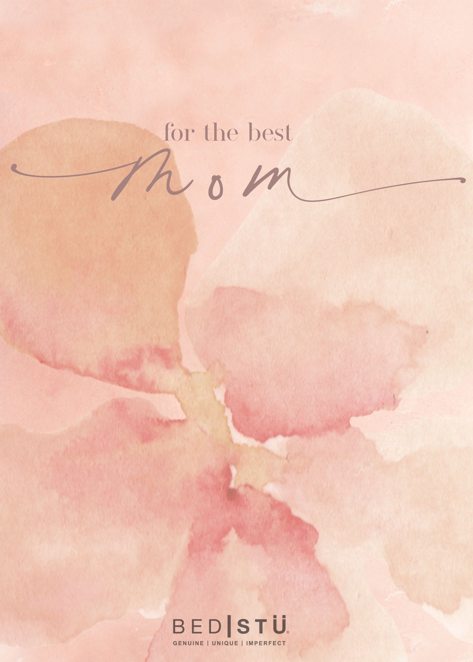 Pink watercolor background with abstract floral design and text that reads "For The Best Mom" in elegant script, and the word "bedstu.com" at the bottom.