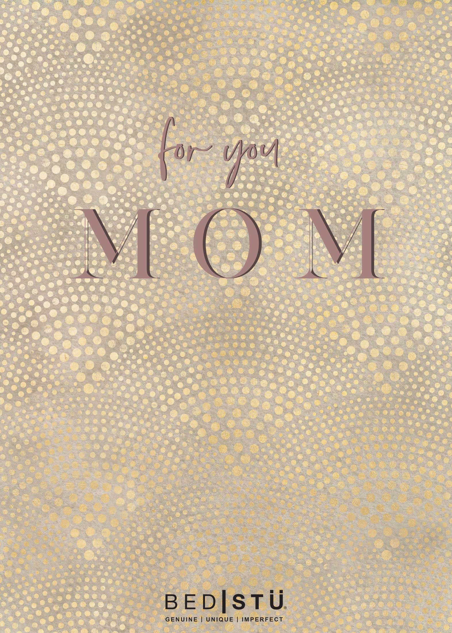 Text "For You Mom" in large letters on a sparkling golden background with a polka dot pattern, and the word "Bed|Stü" at the bottom.