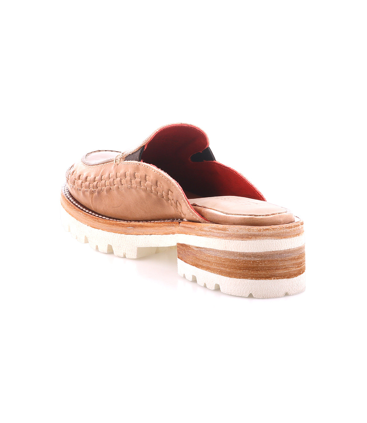 The Bed Stu Fuel is a tan handwoven leather slip-on shoe with a thick white and tan layered sole, shown from the back on a white background, designed for a secure, flexible fit.
