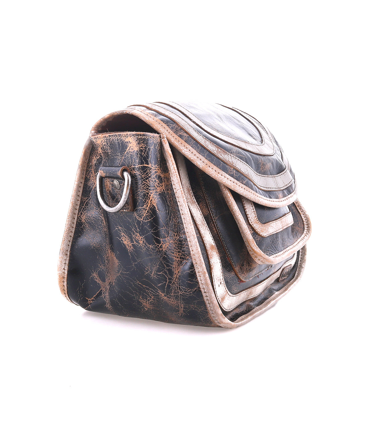 A pre-owned Bed Stu Gilda crossbody bag in black dual-finished leather, showing visible scuffs and scratches with a metal ring detail and light-colored trim.