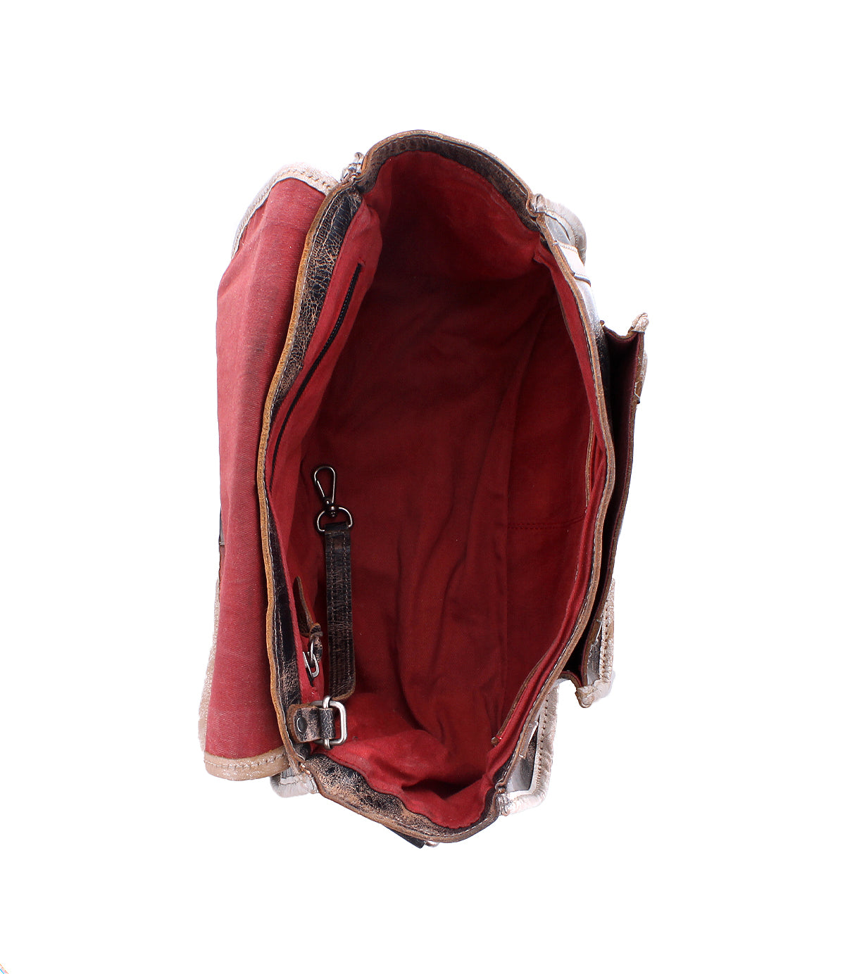 Top view of the Bed Stu Gilda bag reveals its red fabric interior, metal clasp, and multiple compartments, with the dual-finished leather exterior partially visible.