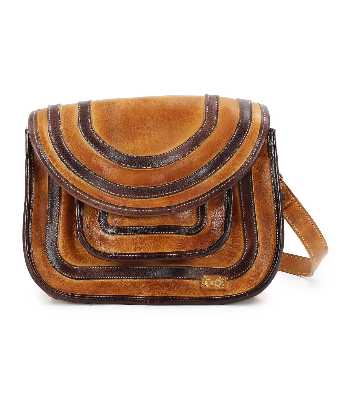 The Gilda by Bed Stu is a brown leather handbag featuring a layered semicircular flap design and intricate stitched detailing, crafted from dual-finished leather. This roomy crossbody bag seamlessly blends style with functionality.