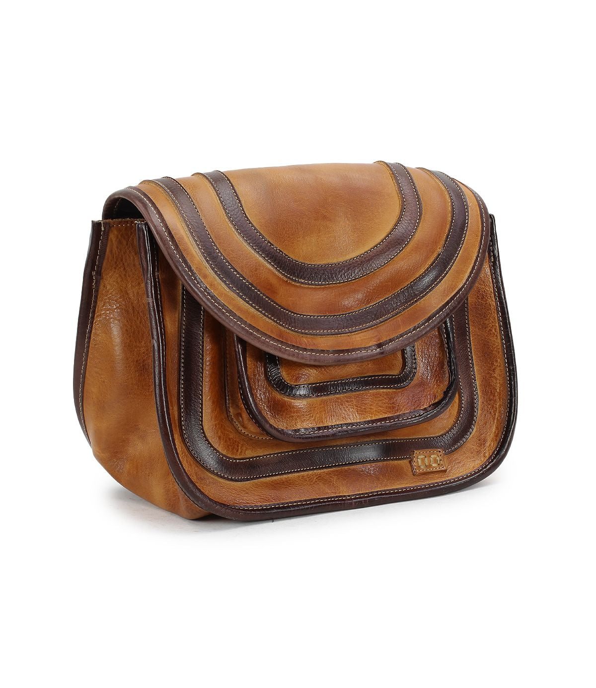 Introducing the Gilda by Bed Stu, a brown dual-finished leather handbag featuring a spacious, structured shape and an elegant layered, curved flap design.