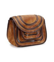 Introducing the Gilda by Bed Stu, a brown dual-finished leather handbag featuring a spacious, structured shape and an elegant layered, curved flap design.