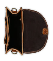 Discover the Gilda by Bed Stu, an elegant brown leather crossbody bag featuring a flap that reveals its interior compartments and a simple button closure. Crafted from dual-finished leather, it's perfect for any occasion.
