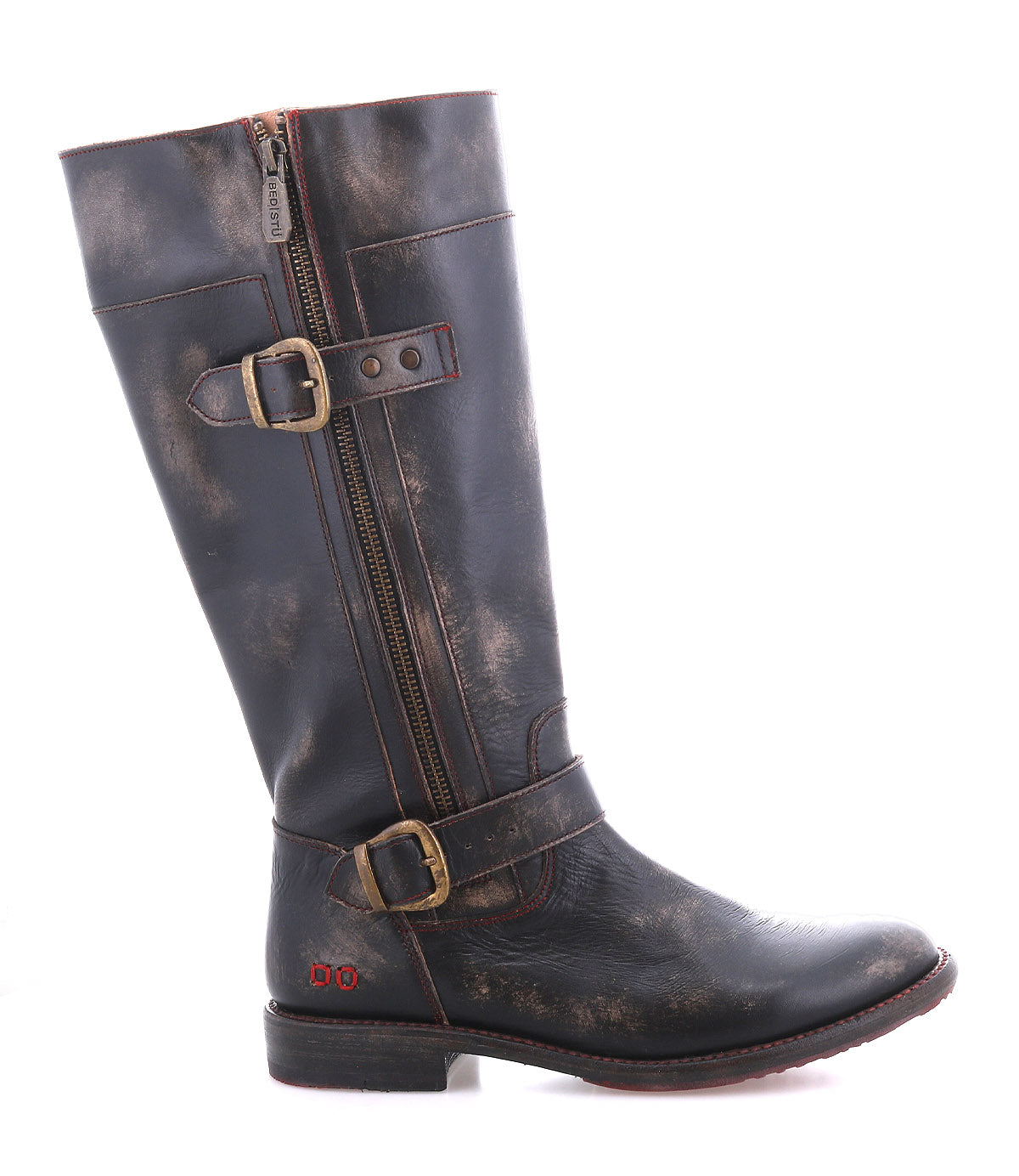 The Bed Stu Gogo Lug is a tall, black moto-style leather boot featuring two decorative buckles, a side zipper, distressed finish, low heel, and sturdy lug outsole.