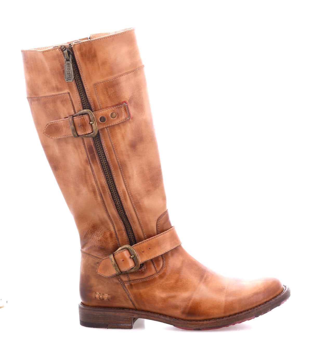 The Bed Stu Gogo Lug is a tall brown moto-style leather boot featuring two buckles, a side zipper, and a low heel, shown in side profile against a white background.
