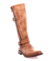 The Bed Stu Gogo Lug is a tall brown moto-style leather boot with a distressed finish, two side buckles, exposed zipper, low heel, and lug outsole, shown on a white background.
