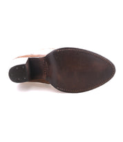 Bottom view of the Bed Stu Iazu handcrafted leather boot, showcasing a square toe, visible edge stitching, and a small black stacked heel grip.