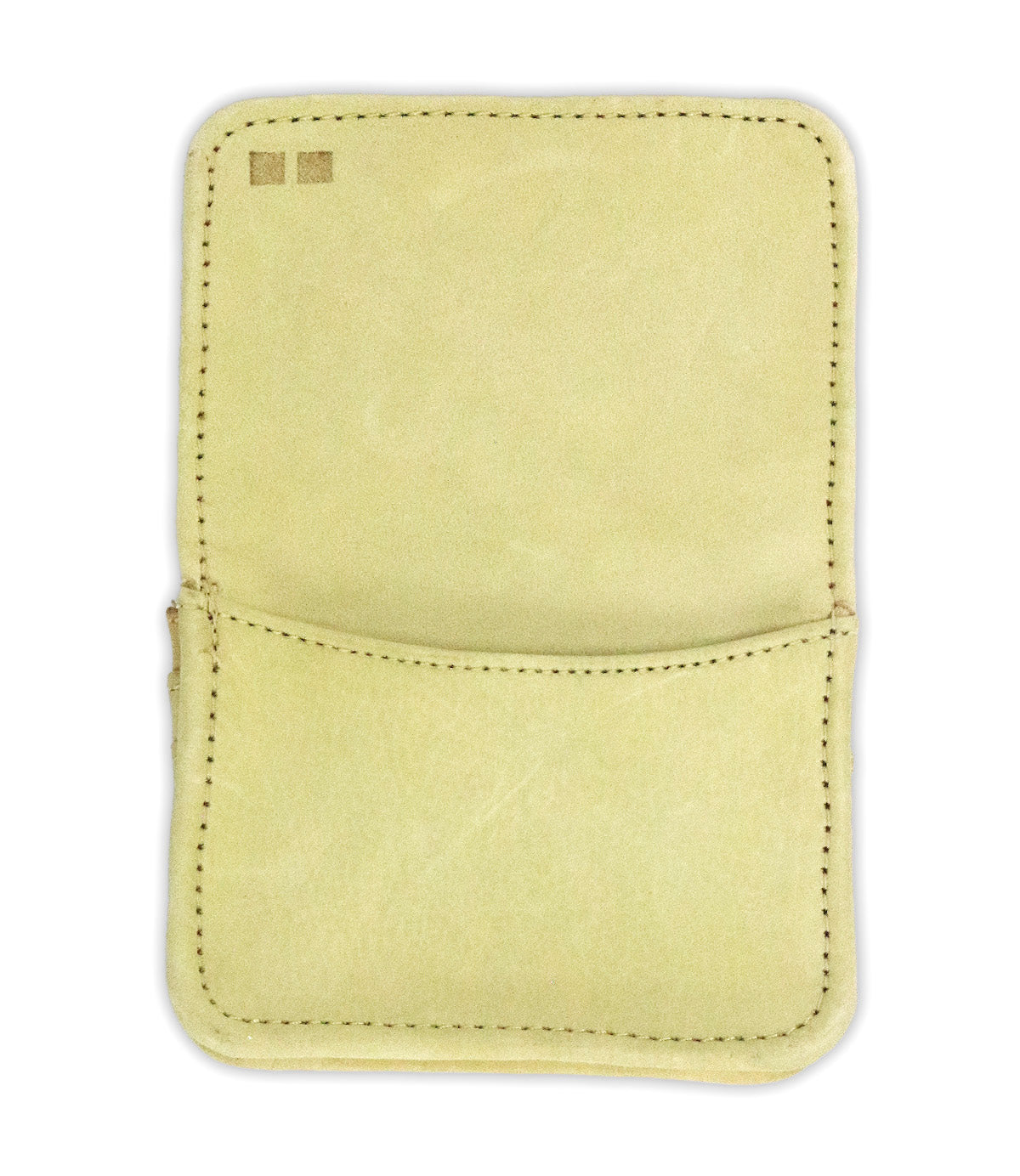 The Bed Stu Jeor is a beige rustic leather card holder with visible stitching, featuring a single large inside pocket.