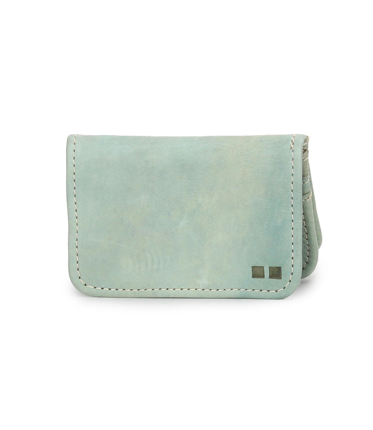 The Jeor by Bed Stu is a small, light blue rustic leather card holder wallet featuring visible stitching, two small square metal accents in the lower right corner, and multiple credit card slots.